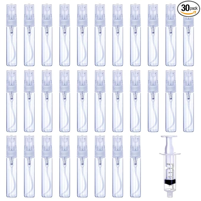 30Pcs 5ml/0.17Oz Portable Mini Refillable Clear Glass Empty Sprayer Perfume Bottles Cosmetic Atomizers Spray Bottle Container for Travel Party Must Makeup Tool (30Pcs 5ml Glass Perfume Bottles)