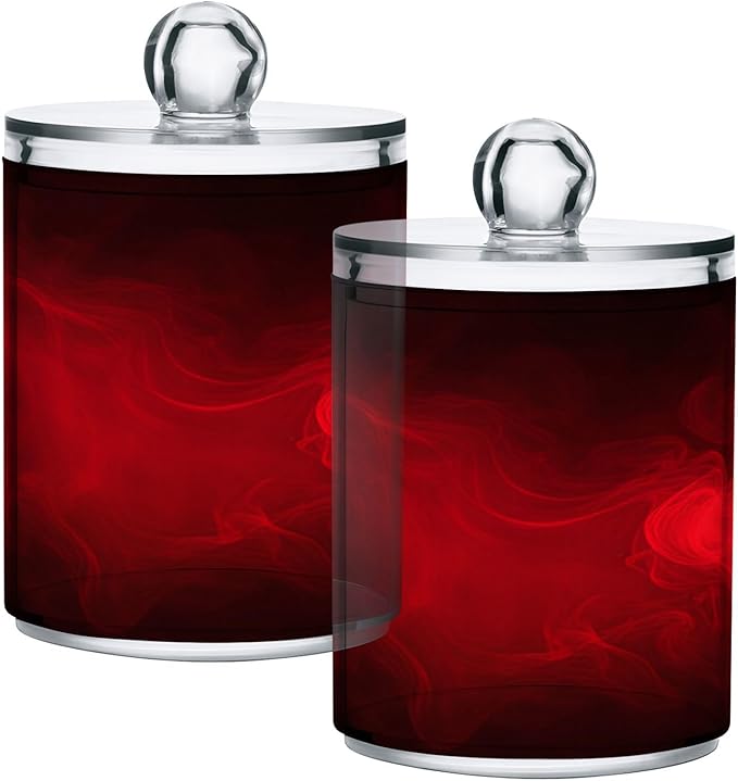 Gredecor 4 Pack Qtip Holder Clear Red Apothecary Jars with Lids Plastic Acrylic Bathroom Jars Vanity Countertop Canister Storage Organizer for Cotton Ball,Swabs,Pads,Floss