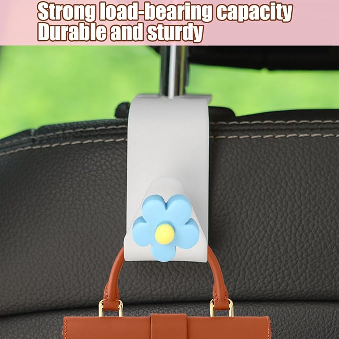 4 PCS Car Headrest Hook, Multifunctional Flower Vehicle Seat Back Storage Hook, Cute Automotive Seatback Organizer Hanger for Purse Grocery Bag Handbag, Universal Fit (Beige/Blue)
