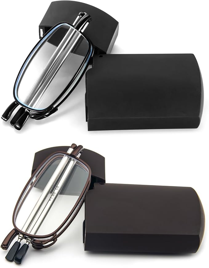 2 Pack Folding Reading Glasses Stainless Steel Mini Anti-Blue Light Blocking Reader for Men Women