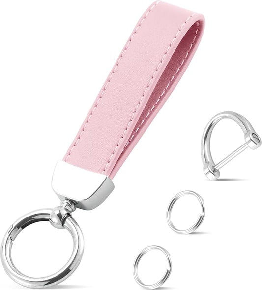 JUSTTOP Leather Keychain, Car Key Chain with Anti-Lost D-Ring and 2 Key Ring, Keychain Wristlet, Car Accessories, Universal Keychain for Men and Women (Pink)
