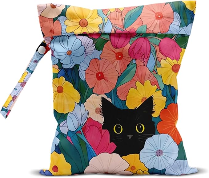 Black Cat Wet Dry Bags Reusable Waterproof Wet Bags Floral Swimsuit Bag Diaper Pouch for Travel Swimsuits Diapers Towels Beach Gym Cat Gifts for Women Friend Travelers 10 x 13 Inches