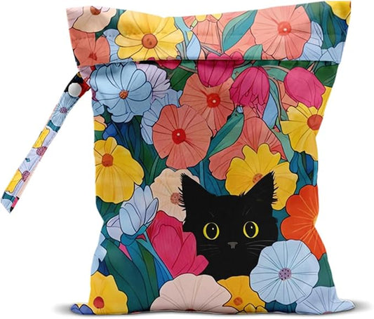 Black Cat Wet Dry Bags Reusable Waterproof Wet Bags Floral Swimsuit Bag Diaper Pouch for Travel Swimsuits Diapers Towels Beach Gym Cat Gifts for Women Friend Travelers 10 x 13 Inches
