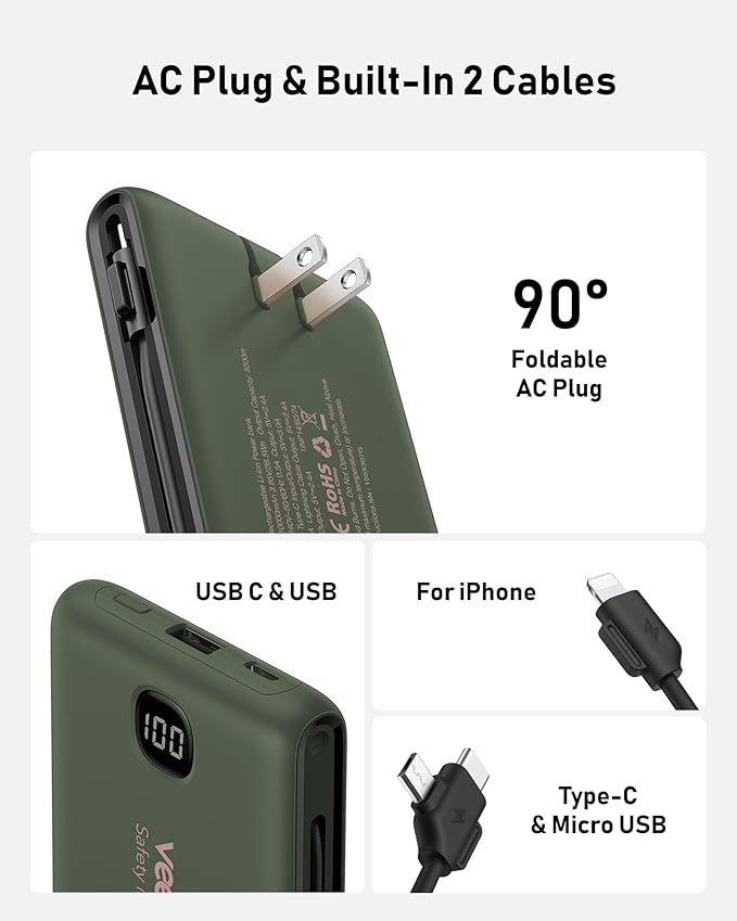 VEEKTOMX Portable Charger with Built in Cables 10000mAh, Power Bank for iPhone with AC Wall Plug, Fast Charging USB C Slim Battery Pack with LED Display Compatible with iPhone 17/16/15, Samsung