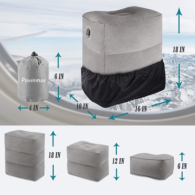 Inflatable Foot Rest Pillow for Travel, Adjustable Height Airplane Foot Cushion for Long Flights, Portable Comfort Footrest for Car, Office and Travel (Gray)