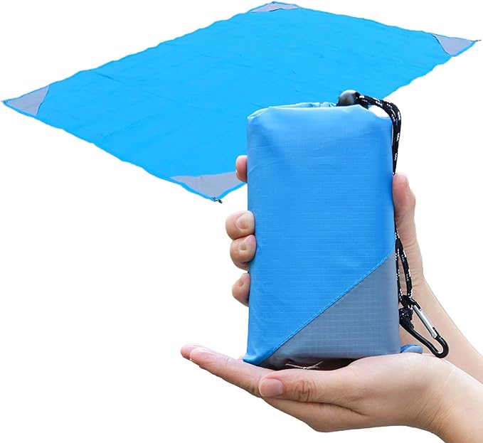 Orga'Neat Pocket Picnic Blanket, Beach Mat Waterproof Sandproof, Compact Lightweight Small Tarp for Camping, Hiking, Backpacking, Festival, Travel, Foldable in Bags (Blue/Grey, 55"x79")