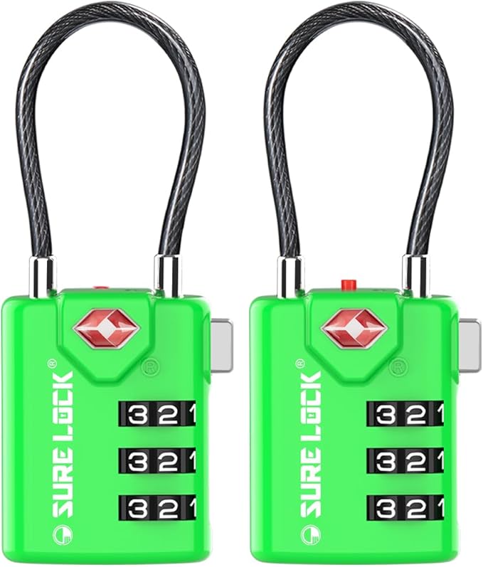SURE LOCK TSA Approved Luggage Locks with Open Alert Indicator, 3 Digit Combination Cable Travel Lock for Suitcase, Backpack, Gym Locker, Toolbox & Travel Bag（Green 2 Pack