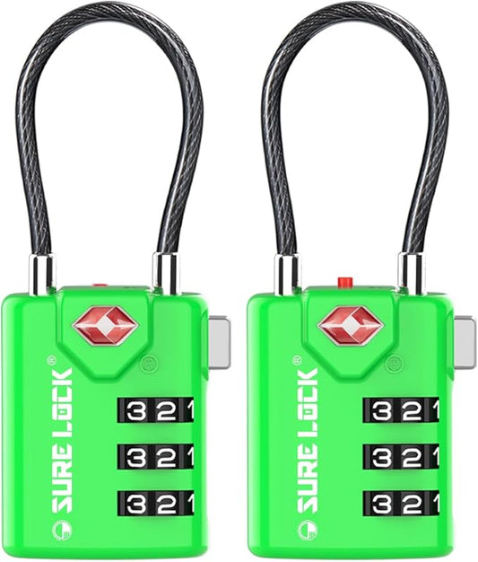 SURE LOCK TSA Approved Luggage Locks with Open Alert Indicator, 3 Digit Combination Cable Travel Lock for Suitcase, Backpack, Gym Locker, Toolbox & Travel Bag（Green 2 Pack