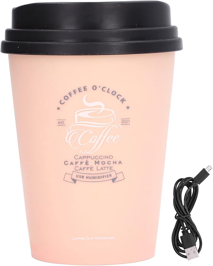 Portable Mini Humidifier, 300ml Car Humidifier Coffee Cup Low Noise Auto Off Lightweight Space Saving Travel Small USB Desk Humidifier for Car Bedroom and Office (Pink)