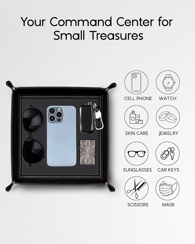 VLANDO Valet Tray Organizer, PU Leather Catchall Tray for Men | Classic valet tray for men with space for keys, wallet, watch, phone, coins and EDC accessories on desk or dresser