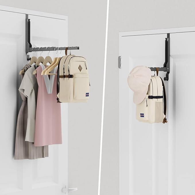 BAKON Heavy Duty Over Door Hooks with 10 Ridges,Compact Double Folding Over the Door Hanger for Bathroom Laundry, Portable Clothes Drying Rack with Hook, Over the Door Clothes Hanger for Bag(1, Black)