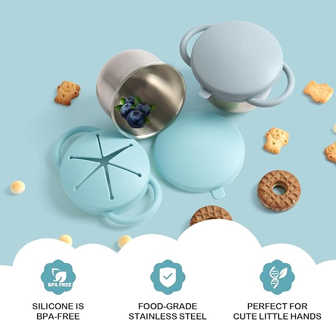Daximo 2 Pack Snack Cups for Toddlers Spill Proof - Detachable Stainless Steel Toddler Snack Cups with Silicone Lids & Handles - Dishwasher Safe Snack Container(Light blue and Light grey)