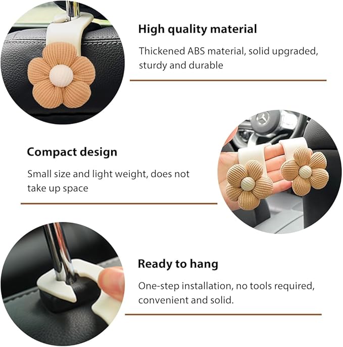 4 PCS Car Seat Headrest Hooks, Cute Flower Car Seat Back Organizer Bag Holder Hooks, Automotive Seat Hook Hanger Storage Organizer for Purse Cloth Grocery Bags, Car Accessories (Brown+White)