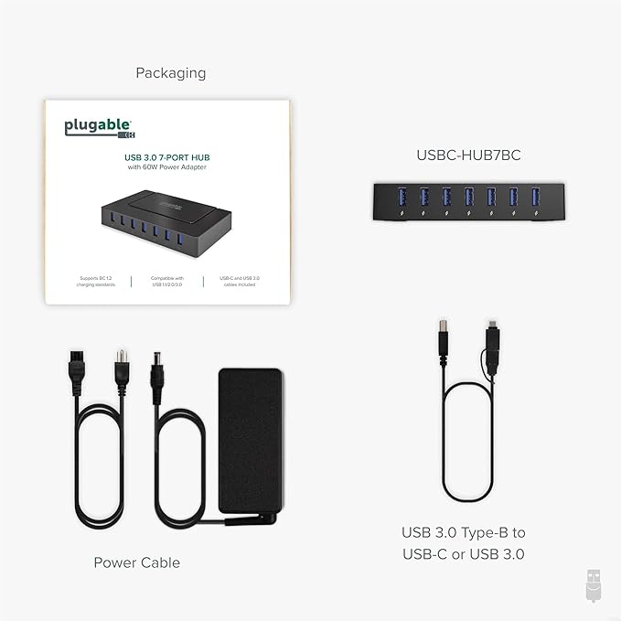 Plugable 7-in-1 USB Powered Hub for Laptops with USB-C or USB 3.0 - Power Station for Multiple Devices and Data Transfer with a 60W Power Adapter, Driverless