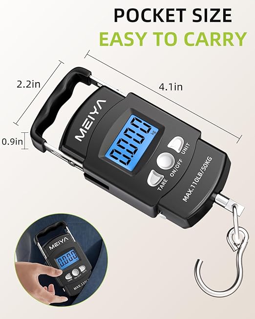 MEIYA Digital Fish Scale & Fishing Scale with Comfortable Handle - 110lb/50kg High-Accuracy Fishing Gear, Professional Fishing Gifts for Men, Comfort-Grip Hanging Scale for Large Fish, Luggage