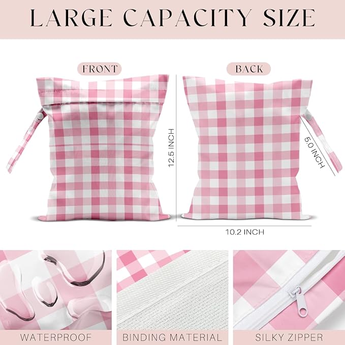 Wet Bag, 4Pcs Wet Dry Bag Set, Reusable Waterproof Bags with Checkered Plaid for Women, Ideal for Beach, Pool, Travel & Daily Essentials Storage