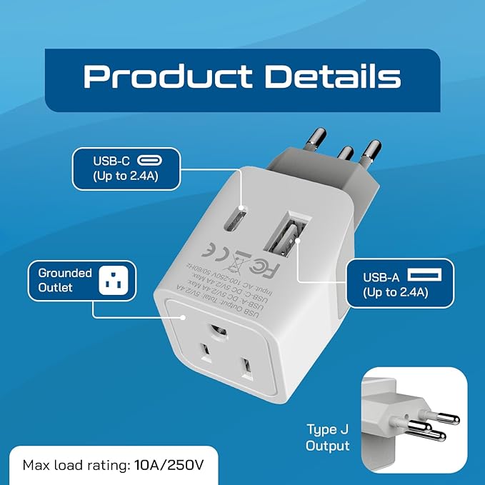 Ceptics Switzerland Travel Plug Set - with 2 USB + USA Socket Input - Type J and Type C- Ultra Compact - Safe Grounded Perfect for Cell Phones, Laptops, Camera Chargers