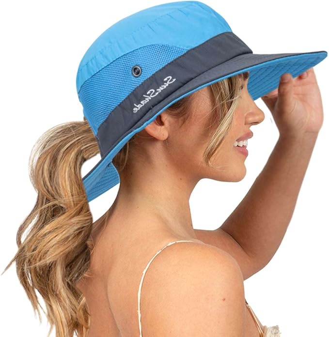 Sun Hat for Women Summer UV Protection Beach Hat Wide Brim Mesh Bucket Fishing Hat with Ponytail Hole Foldable Packable Hat