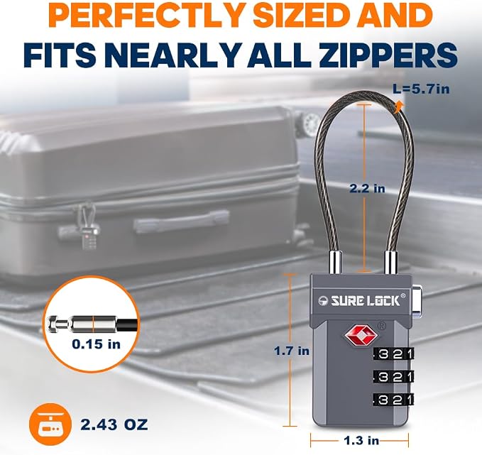 SURE LOCK TSA Approved Luggage Locks with Open Alert Indicator, 3 Digit Combination Cable Travel Lock for Suitcase, Backpack, Gym Locker, Toolbox, Carry On & Travel Bag