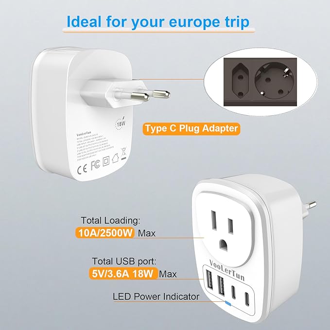 European Plug Adapter Type C International Power Adaptor Travel Cruise Essentials with USB Outlet 2 Pack, European to US Plug Adapter Converter Charger Block Multiple Ports