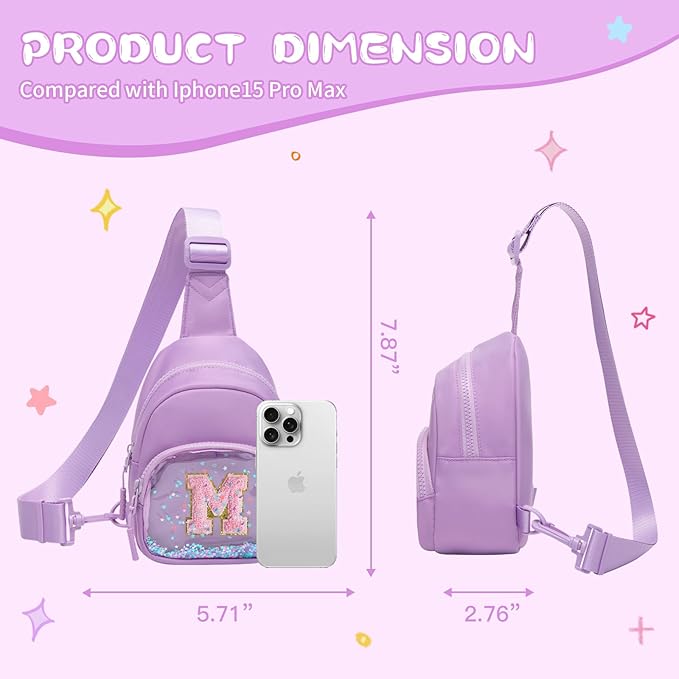 Viverte Birthday Gifts for Girls Small Clear Initial Sling Bag Crossbody Bag Purse Fanny Packs Personalized Monogrammed Gifts for Girls for Travel (Lavender-M)