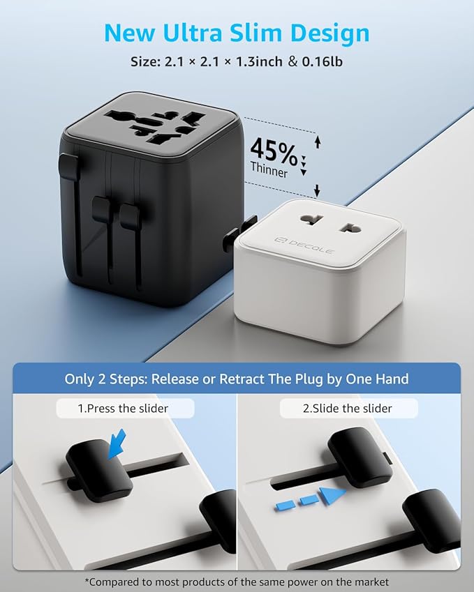 “Air” Universal Travel Adapter, Slim International Travel Plug Adapter with 2500W Max AC Socket, All in One Portable Adaptor, for USA, UK, EU, AU ＆ 224+ Countries (White) US