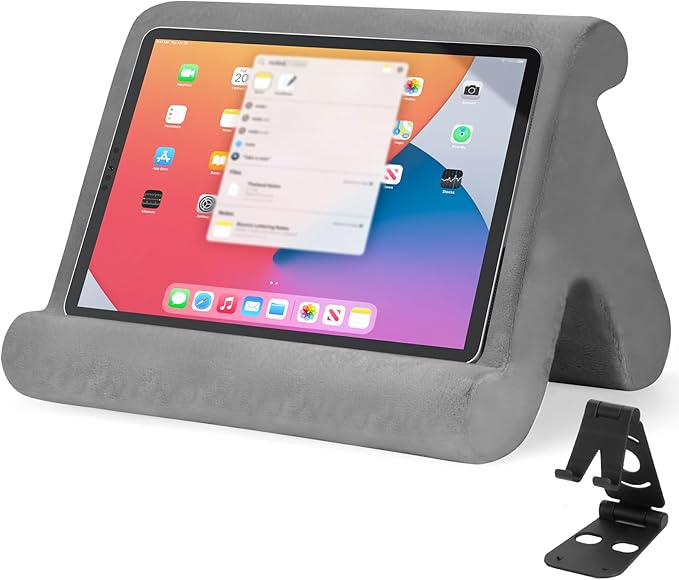 Universal Multi-Angle Tablet Stand Holder-Soft Pad Stand with black phone holder for Lap,Knee,Sofa and Bed,Compatible with iPad Pro 9.7,10.5,12.9 Air Mini 4 3,Kindle,Galaxy Tab,E-Reader (Grey)