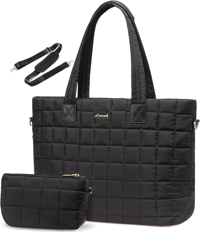 LOVEVOOK Laptop Tote Bag for Women, 15.6 Inch Large Puffer Work Tote Computer Bags, Quilted Women's Shoulder Purse Bag with Zipper, Teacher Office Handbag for Travel College Business, Gifts, Black