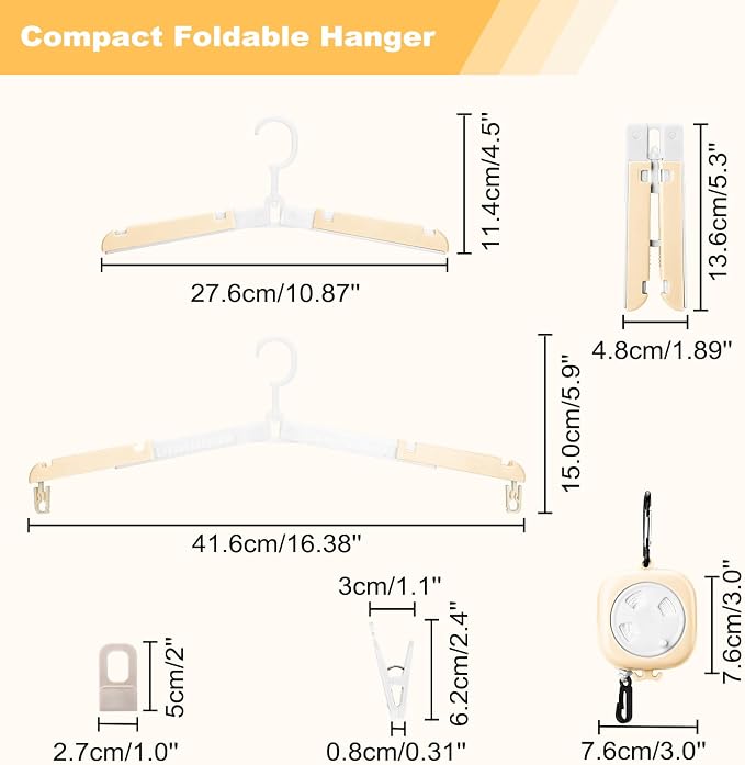 6 Pack Fodable Travel Hangers with Clips & Adjustable Clothesline, Portable Collapsible Hangers with Storage Bag for Suitcase, Hotel, RV, Cruise Essentials Set (Beige)