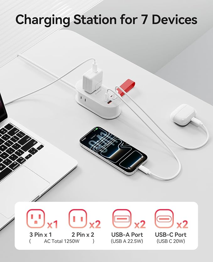 ORICO 22.5W Travel Power Strip, 7 in 1 Charging Station with 3AC, 2 USB-A, 2 USB-C, 4ft Extension Cord, Flat Plug Fashion Essential for Cruise Ship/Travel/Home/Office/Dorm - TK22
