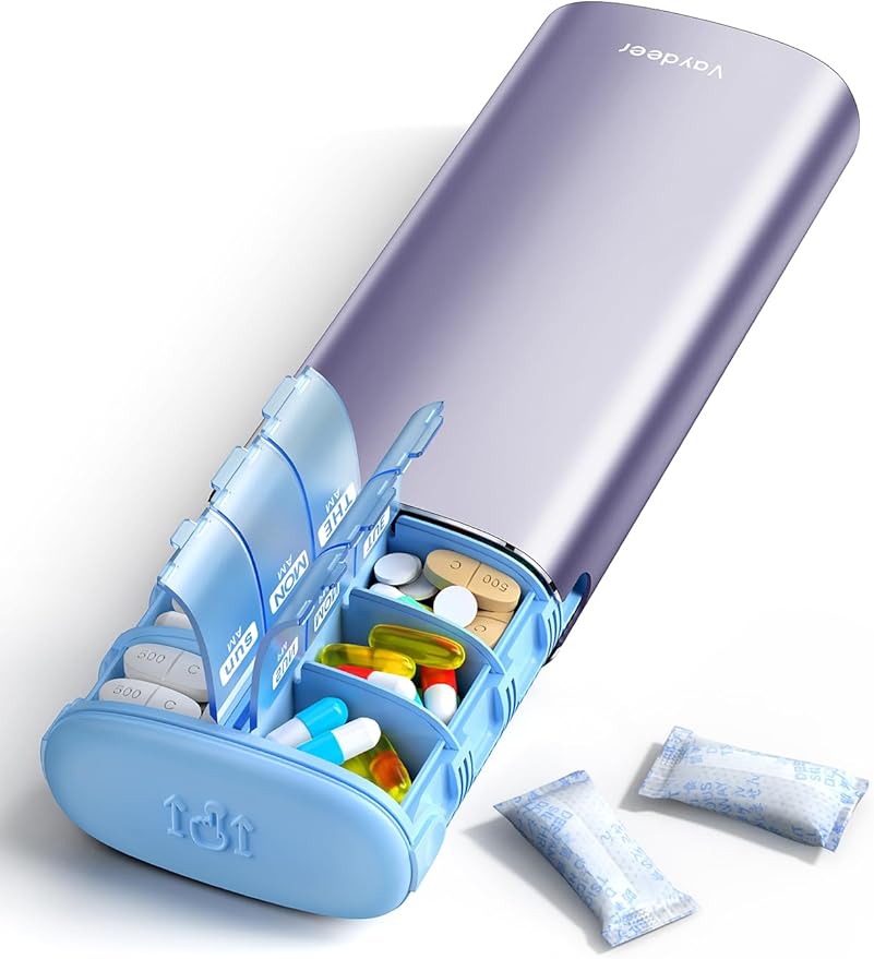 Vaydeer 7 Day Weekly Pill Organizer 2 Times a Day, Metal Am Pm Travel Pill Case, Large Capacity Twice Daily Cute Pill Box for Supplements, Pills, Vitamins and Medication (Purple)
