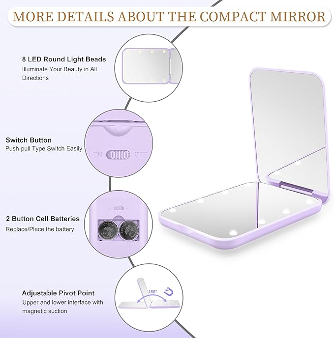 Kakuje Compact Mirror, 1X/3X Magnification LED Pocket Mirror with Nternal BIattery, Mini Mirror for Purse, Pocket,Travel and Present (Purple)