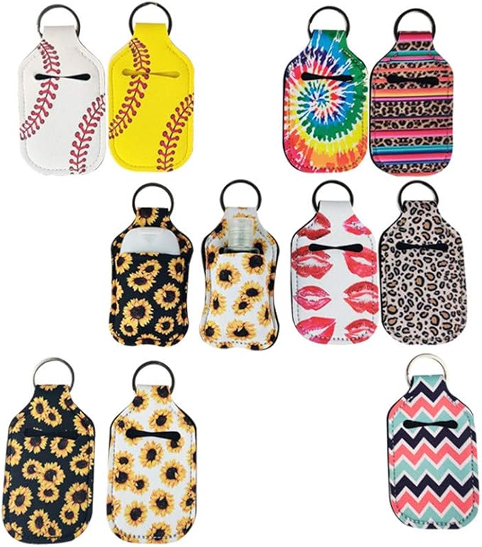 4 Piece Hand Sanitizer Bottle Holder Keyring Neoprene Keychain for 30ML Gym Shampoo Lotion Soap Perfume and Liquids Travel Containers,White Baseball