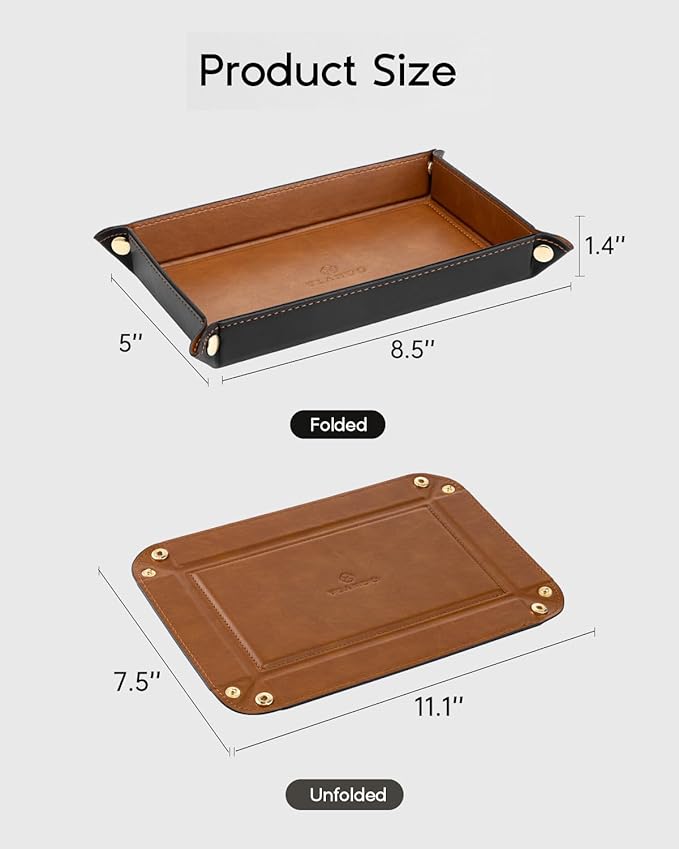 VLANDO PU Leather Valet Tray, 8.5 x 5 x 1.5 Inch Catchall Organizer for Men, Desk Nightstand Dresser Holder for Keys Phone Wallet Watch Coins, Entryway Gift
