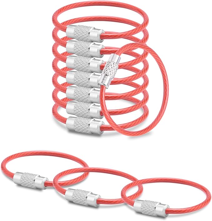 CooBigo 25 Pack Cable Key Ring 4 Inch Luggage Tag Loops Wire Key Chain Cable 2mm Key rings for Car Keys Wire Keychain Dog Tag Ring - Red