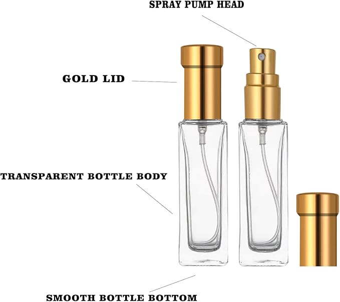 8PCS 20ml Perfume Spray Bottle, Mini Portable Travel Glass Square Spray Bottle,Small Fine Mist Spray Bottle, Refillable Glass Spray Bottle, Sample Spray Bottle (Gold, 20ml)