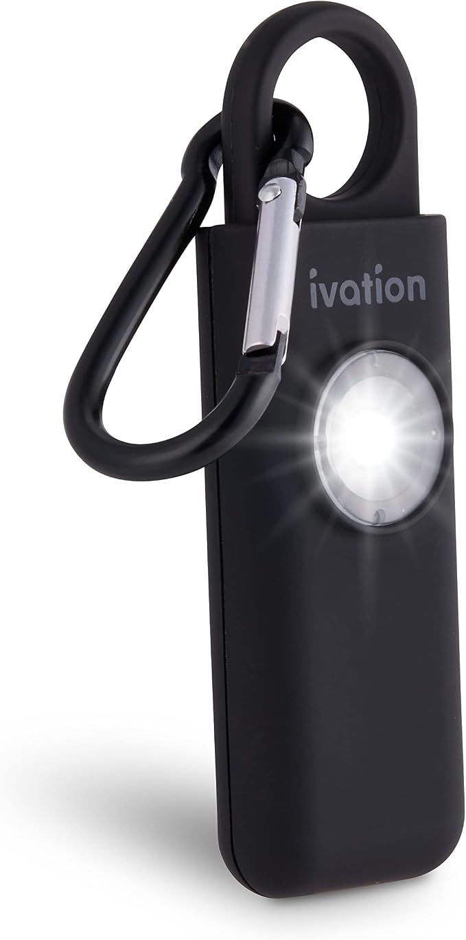Ivation Personal SOS Alarm Keychain | Self-Defense Safety Siren & LED Panic Strobe Light with Carabiner Clip for Women, Children & Seniors | Pocket Size, Loud 125 dB Sound, Air Travel Friendly