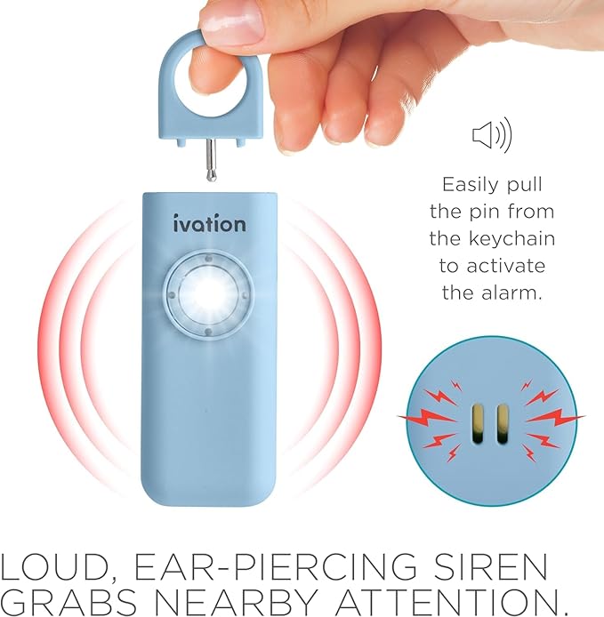 Ivation Personal Rechargeable SOS Alarm, Pocket Size Loud 130dB Sound Safety Siren & LED Panic Strobe Light with Carabiner Keychain Clip for Women, Children & Seniors, Blue