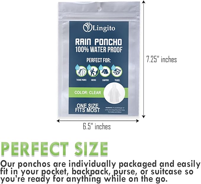 Lingito Clear Emergency Rain Ponchos Adults, Thicker, 100% Waterproof Emergency Camping Rain Poncho, Amusement Parks, Hikes