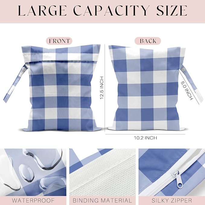 Wet Bag, 4Pcs Wet Dry Bag Set, Reusable Waterproof Bags with Plaid Prints for Women, Ideal for Beach Vacations, Pool Days, Travel & Daily Essentials Storage