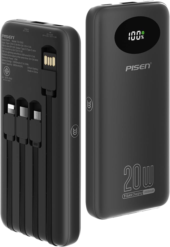 PISEN 3C Certified Power Bank - 10000mAh 20W Fast Charging Battery Pack with Built-in 4 Cable Smart LED Display Flight-Approved Portable Charger Travel Power Bank for iPhone, Samsung, iPad, Tablets