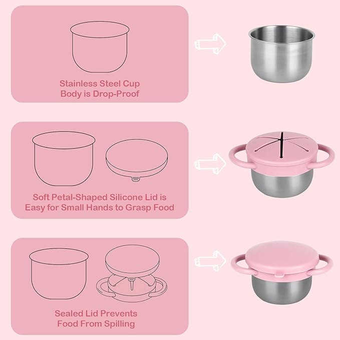 Daximo 2 Pack Snack Cups for Toddlers Spill Proof - Detachable Stainless Steel Toddler Snack Cups with Silicone Lids & Handles - Dishwasher Safe Snack Container(Matte Pink and Matte Off White)