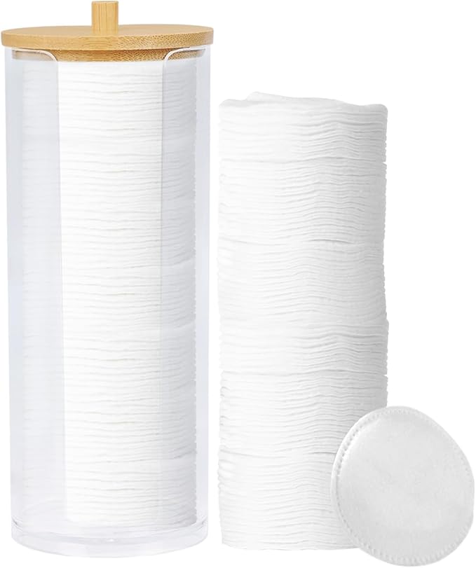 Eyxformula Cotton Round Holder & Pad Dispenser | Clear Acrylic Makeup Remover Pads Container with Bamboo Lid - Hygienic Bathroom Vanity Storage Organizer | Includes 100 PCS Soft Cotton Rounds