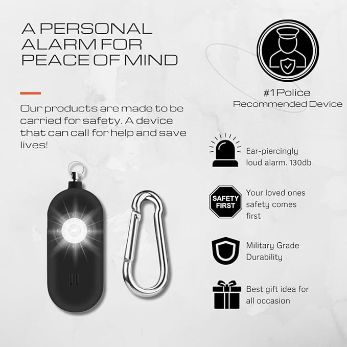 Rechargeable Personal Safety Alarm for Women. 130dB Siren. Ear-Piercingly Loud w/ Flashing LED Strobe Light Siren Keychain