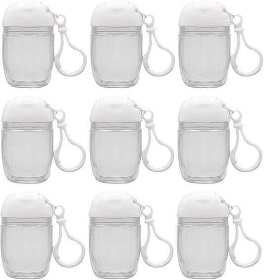 10 Pcs 1Oz 30ml Clear Empty Bottles Hand Sanitizer Travel Holder Hook Keychain Carriers White Flip Cap Reusable Portable Empty Bottle Refillable Cosmetic Container for Liquid Lotions Creams