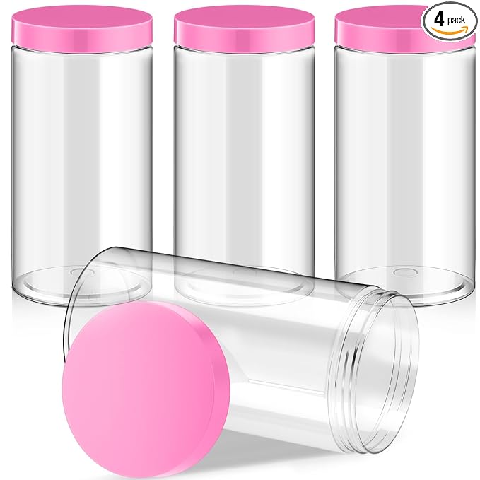 Patelai 4 Pieces Round Wide-mouth Leak Proof Plastic Container Jars with Lids for Travel Storage Makeup Beauty Products Face Creams Oils Salves Ointments DIY Making(32 Ounce,Pink)