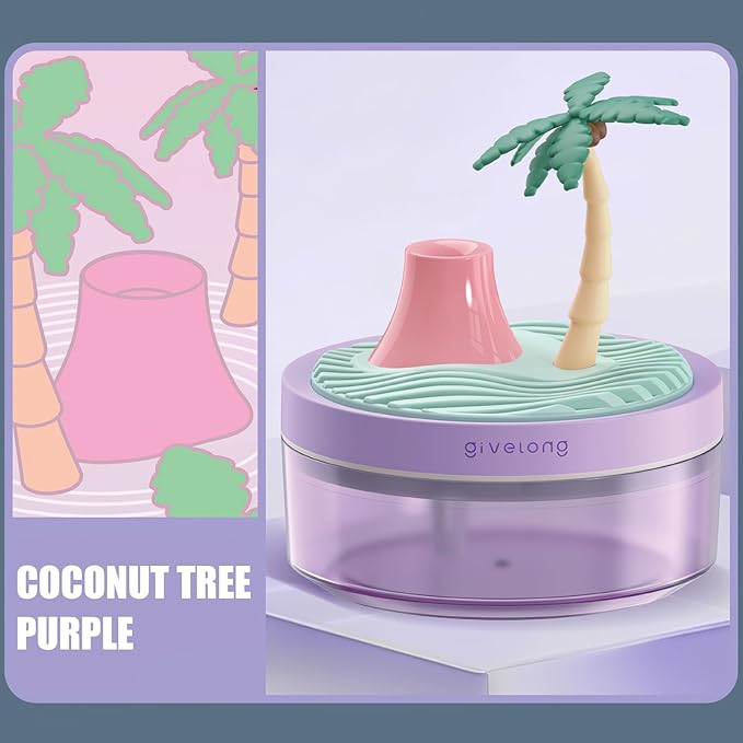 PRATIQUE Mini Portable Desktop Humidifiers for Bedroom,Small Humidifier with Cocount Tree,Quiet,Cool Mist, Auto Off,7 Colors Night Light,320ml Air Humidifier Home Office Travel (PURPLE)