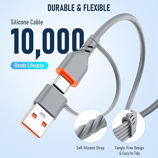 Travel Essentials 3 in 2 Multi Charging Cable 100W USB A/C to Dual USB C/for Apple Watch Charging Cable Silicone Fast Charge Compatible with iPhone 17-15 Series iPad MacBook, Type-C Devices 5FT-Grey
