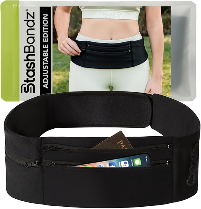 StashBandz Running Belt with Water Bottle Pocket – Adjustable No-Bounce Waist Pack, 3 Zippered Pockets & Key Clip, Sports Fanny Pack & Travel Money Belt, Fits Any Size Phone, Passport & More