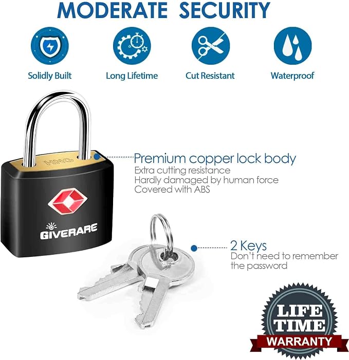 4 Pack TSA Approved Travel Luggage Locks with Keys, Solid Brass Copper Keyed Padlock, ABS Plastic Covered Small Locks for Suitcase, Backpack, Gym Locker, Jewelry Box-by GIVERARE